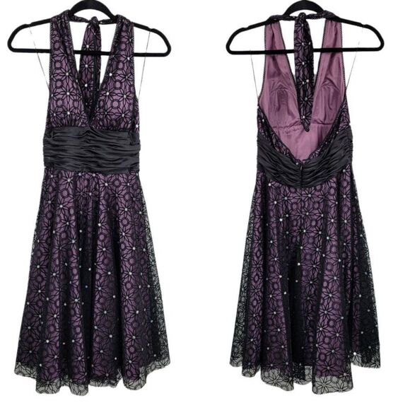 90's Formal Dress 6 Spiderweb Halter Fit & Flare Purple Black Gothic Fairy Witch - Picture 1 of 12